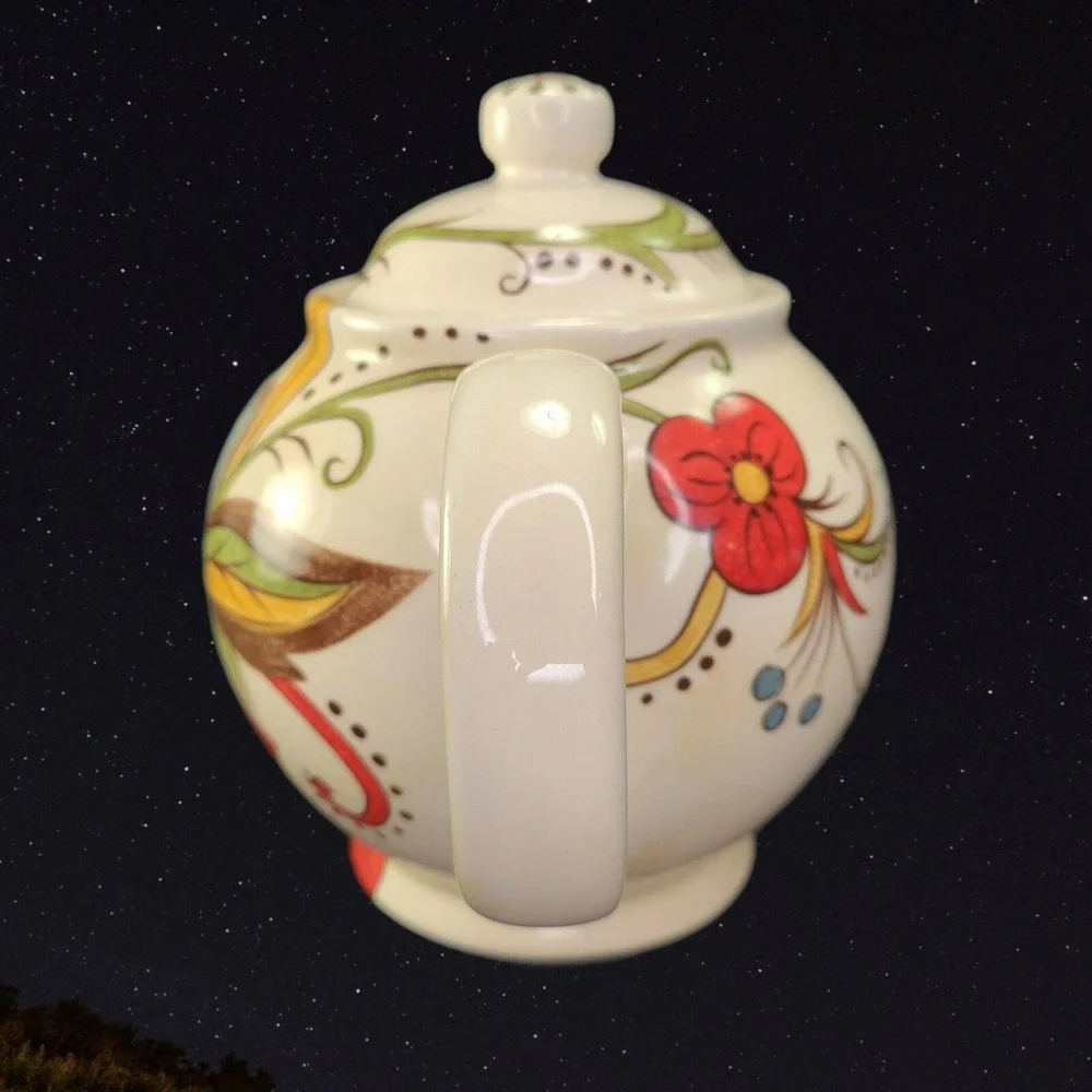 Pier 1 One Import Teapot With Lid Carynthum‎ Contemporary Floral Red Gold Green